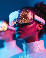 Poster - Neon Cyber Aesthetic Diverse Adults in Reflective Attire Using VR for Collaborative Global Projects - Tech Innovation and Cross-Cultural Engagement in Futuristic Workspaces
