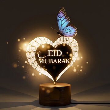 Elegant 3D Illuminated Heart with 'Eid Mubarak' Engraving & Butterfly