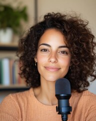 Aufkleber - Modern Home Podcasting Latina Creator in Cozy Studio Setting with Textured Decor - Digital Content Strategy and Remote Engagement for Creative Industries