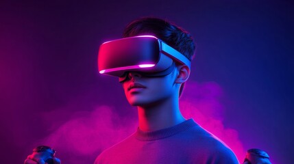 Poster - Neon Futurism Gaming Experience Asian Man in VR Headset and Motion Controllers for Interactive Entertainment - Digital Media Innovation and Gaming Industry Solutions