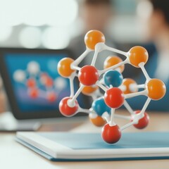 Leinwandbilder - Vibrant -Printed Molecular Model Interactive Learning with Tablets and Textbooks - Enhancing STEM Education for Students in Modern Educational Spaces