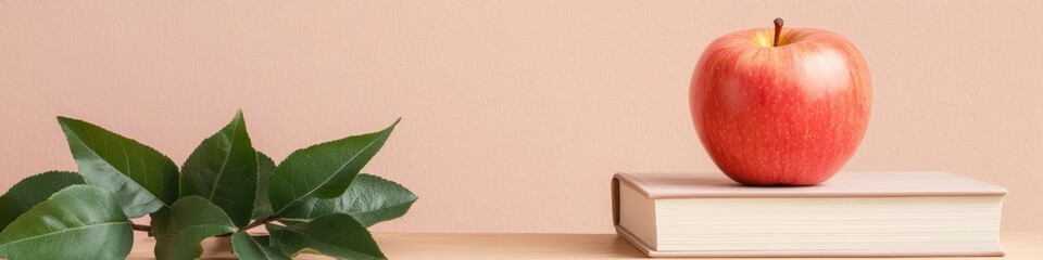 Aufkleber - Minimalist Educational Space Stack of Open Books, Notebook, and Apple on Wooden Surface - Modern Learning Aesthetic for Creative Office and EdTech Branding
