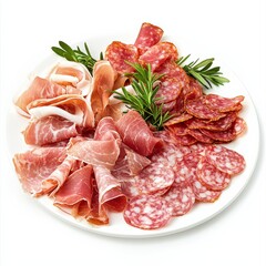 A platter of assorted charcuterie with prosciutto and salami, isolated white background, impressionist art style