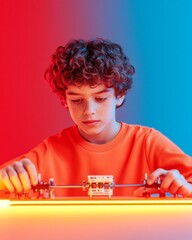 Poster - Neon Tech Workspace Young Innovator with Curly Hair Engages Robotics - Interactive Learning and Digital Education Content for Youth Empowerment