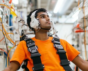 Poster - Industrial Robotics Innovation Metallic Exoskeleton Aiding Young Engineer in Machinery Handling - Urban Safety in Modern Industrial Labs