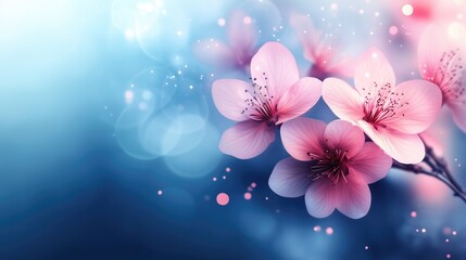 Wall Mural - Delicate pink cherry blossoms bloom against a soft blue background, creating a serene and enchanting atmosphere.