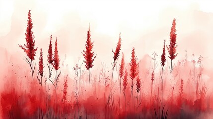 Wall Mural - An abstract landscape featuring tall red flowers against a soft, blurred background, evoking feelings of passion and tranquility.