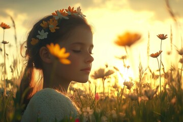 Wall Mural - Close up teenage girl on floral meadow at golden hour with her eyes closed and setting sun in summer during holidays and vacation