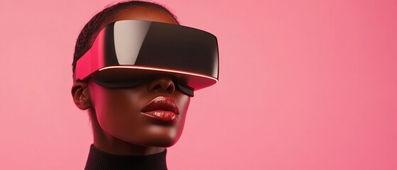 Fototapete - Futuristic VR Tech Experience Confident Woman in Sleek Black Headset, Exploring Interactive Digital Environment - Immersive Entertainment and Modern Marketing Solutions