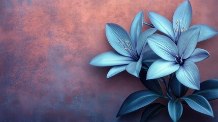 Wall Mural - A stunning arrangement of blue lilies against a textured pink background, evoking feelings of tranquility and elegance.