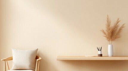 Poster - Minimalist Indian Workspace Wooden Desk and Cushion Chair in Calming Neutrals - Modern Remote Work and Entrepreneurship Design for Professional Clarity