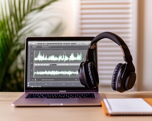 Aufkleber - Dynamic Podcast Workspace Modern Wooden Desk with Audio Editing Software, Headphones and Notepad - Enhancing Remote Work and Creative Media Production