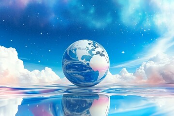 spinning cartoon earth with clouds and stars celebrates earths rotation day in a light cosmic ambien