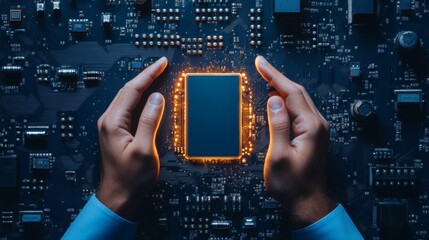 Fototapete - Futuristic Tech Aesthetic Hands-on Microchip Interface with Circuitry - Essential Content for Innovative Mobile Repair and Seamless Device Connectivity Solutions