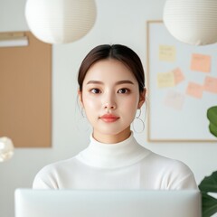Leinwandbilder - Sleek Minimalist Workspace Modern Standing Desk with Large Monitor and Sticky Notes - Young Korean Professionals Productivity Boost in Open Office for Innovative Team Building