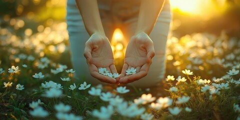 Wall Mural - Person hands gathering white dandelions at golden hour in floral meadow outdoors