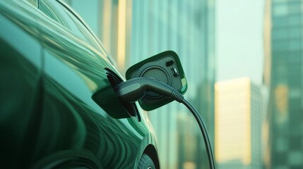 Poster - Sleek Green Mobility Electric Car Charging with Highlighted Cable in Urban Setting - Eco Innovation and Modern Transportation Solution for Sustainable Cities