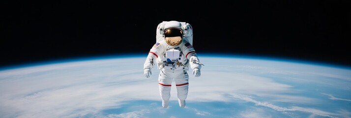 Poster - Futuristic Space Exploration Imagery Astronaut in Minimalist Outer Space with Advanced Satellite - High-Tech Editorial Content for Aerospace Innovations and Scientific Publications