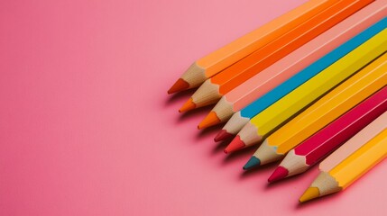 Poster - Rainbow Cosmetic Pencil Display Matte and Glossy Textures on Vibrant Pink - Dynamic Beauty Merchandising and Creative Advertising for the Modern Market