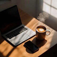 Aufkleber - Minimalist Workspace with Latte Art Coffee and Sleek Technology on Wooden Desk - Enhancing Focus and Creativity in Modern Digital Nomad Lifestyle