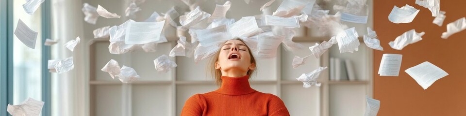 Poster - Minimalist Corporate Stress Art Woman Amidst Flying Papers - Office Burnout Awareness and Modern Work-Life Balance Content for HR Engagement
