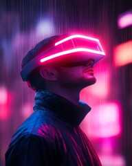 Poster - Neon Cyberpunk Vision Futuristic Rain-Soaked Cityscape Featuring VR-Equipped Youth in Holographic Glow - Cutting-Edge Digital Marketing and Immersive User Experience Tools