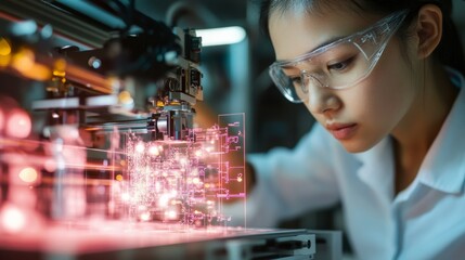 Fototapete - Futuristic Tech Professions East Asian Female Engineer Calibrating Advanced Printer in High-Tech Lab with Neon Glowing Screens Enhancing Digital Innovation in Engineering Spaces