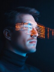 Poster - Futuristic Tech Noir White Man in His 30s Engages with Holographic Interface via AR Glasses - Cutting-Edge Business Solutions for Enhanced Productivity and Immersive UX