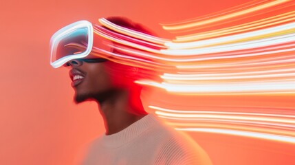 Poster - Vibrant VR Experience Young Adult with Neon Motion Blur - Immersive Tech Imagery for Digital Marketing and Entertainment Innovation