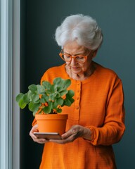 Poster - Eco-Friendly Smart Home Elderly Indian Woman Installing Sensor in Plant Pot - Sustainable DIY Innovation for Modern Living