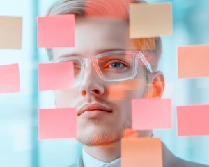 Poster - Contemporary Collaborative Workspace Young Professional with Sticky Notes on Glass Wall - Dynamic Business Strategy and Innovative Team Consulting in Modern Offices