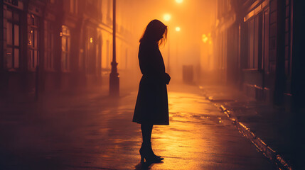 Poster - Mysterious Silhouette of Woman Standing Alone in Foggy Urban Street at Night with Warm Glow from Streetlights Creating an Enigmatic Atmosphere