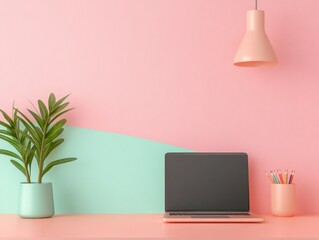 Fototapete - Pastel Minimalist Office Desk Matte Laptop and Plant Decor on Soft Tones - Modern Business Design for Creative Workspaces and Digital Marketing Inspiration