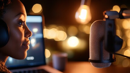 Aufkleber - Modern Remote Podcasting Setup Professional Microphone and Warm Lighting in Co-Working Space for Digital Media Production and Business Collaboration