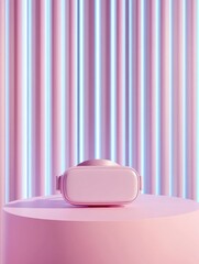 Aufkleber - Futuristic Minimalist VR Setup on Pink Lacquered Table Ambient LED Lighting for Immersive Tech in Modern Gaming and Digital Workspaces