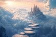 © Kateryna - Majestic castle rises above clouds with stone pathway glowing at twilight