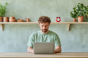 Aufkleber - Modern Minimalist Workspace Pomodoro Timer and Laptop on Natural Wood Table - Productivity Enhancement for Home Offices and Digital Workflows