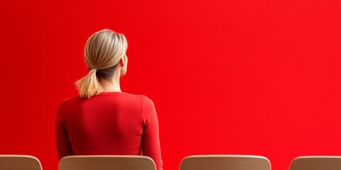 Poster - Vibrant Public Speaking Experience Female Speaker in Red Against Bold Red Backdrop - Enhancing Engagement and Communication in Modern Business Presentations