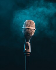 Aufkleber - Vibrant Soundstage Retro Microphone Amidst Colorful Lights and Fog - Live Music Promotions and Event Marketing for Energetic Performance Atmosphere