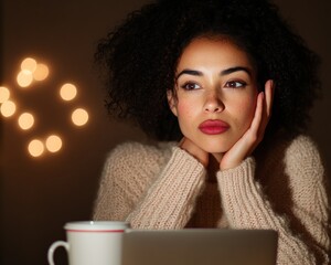 Aufkleber - Cozy Remote Work Vibe Latina Woman in Warm Knitwear Contemplating at Desk with Coffee - Modern Digital Business and Creative Home Office Solutions