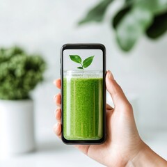 Poster - Nutritional Data Scanning Hand Holding Green Smoothie and Smartphone in Bright Kitchen - Health Tech Integration for Wellness Marketing and Eco-Friendly Lifestyle Branding