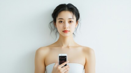 Poster - Minimalist Tech Harmony Young Asian Woman with Fitness Watch and Smartphone in Bright Space - Digital Health Monitoring and Modern Wellness Solutions for Connected Lifestyle
