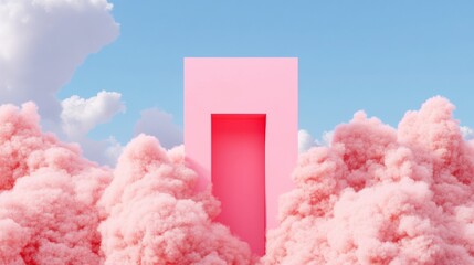 Poster - Surreal Dreamscape Portal Bold Minimalist Pink Door Among Cotton Clouds - Cutting Edge Viral Content Creation and Futuristic Branding in Visual Marketing