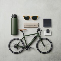 Poster - Eco-Chic Commuter Essentials Foldable E-Bike, Reusable Water Bottle and Solar Charger on Concrete - Green Mobility for Sustainable Urban Living and Smart City Solutions