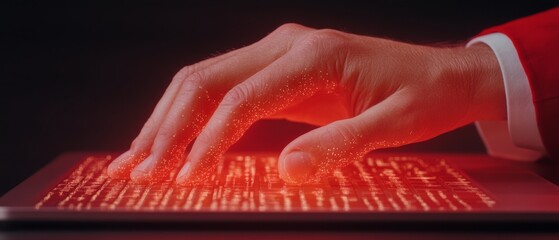 Fototapete - Futuristic Business Innovation Red-Hued Digital Interaction with Data on Touchscreen - Cutting-Edge IT Solutions and Advanced System Architecture for Tech-Driven Enterprises