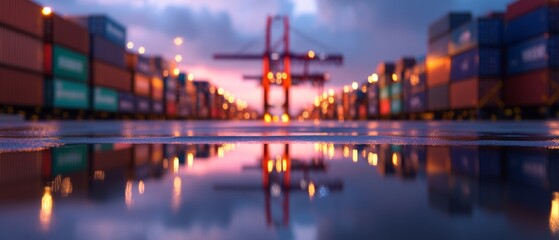 Poster - Twilight Logistics Stacked Multicolor Containers and Reflective Surfaces - Precision Industrial Scale for Efficient Global Supply Chain and Modern Infrastructure