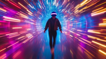 Poster - Neon Motion Blur in VR Young Enthusiast with VR Glasses Experiencing Virtual Excitement - Dynamic Tech Content and Immersive Advertising for Digital Marketing Innovations