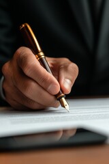 Poster - Elegant Legal Document Signing High-End Fountain Pen, Professional Workspace with Digital Integration - Modern Legal Practice and Business Innovation