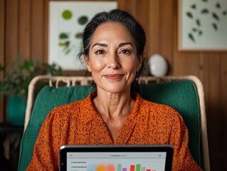 Aufkleber - Contemporary Home Office Productivity Latina Woman Engages with Transparent Digital Data on Tablet - Tech-Driven Workspaces and Remote Collaboration Insights