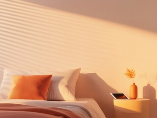 Aufkleber - Minimalist Sunset Bedroom Smart Home Integration with Warm Lighting and Automated Controls Enhancing Modern Living with Smart Technology and Comfort Solutions
